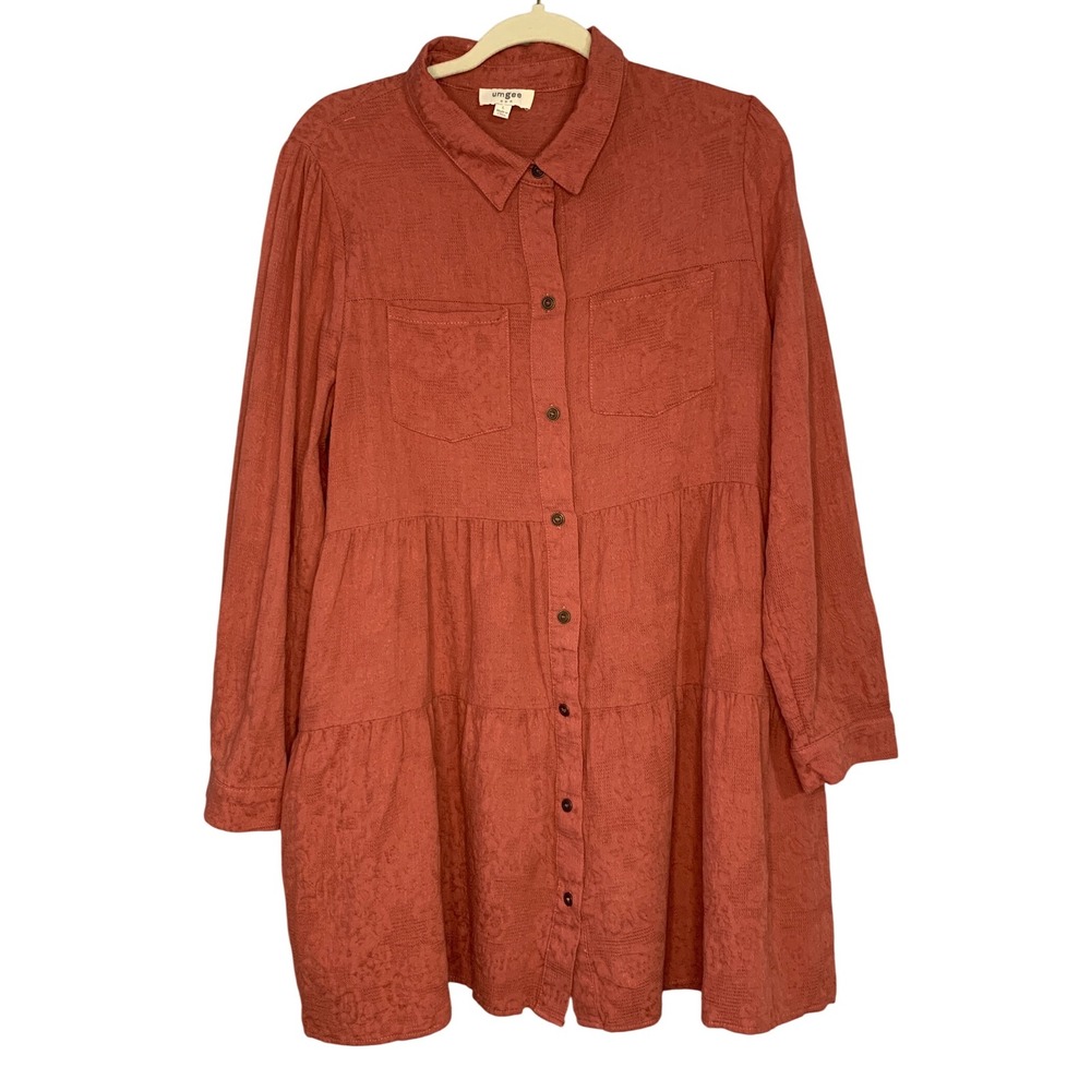 Umgee USA Orange Textured Tiered Long Sleeve Button Down Shirt Dress Size L